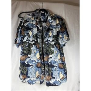 Caribbean  Blues White‎ Blue Green Tropical XL Men's Hawaiian